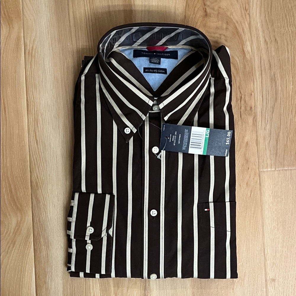 Tommy Hilfiger Men's Brown and Cream Striped Shirt